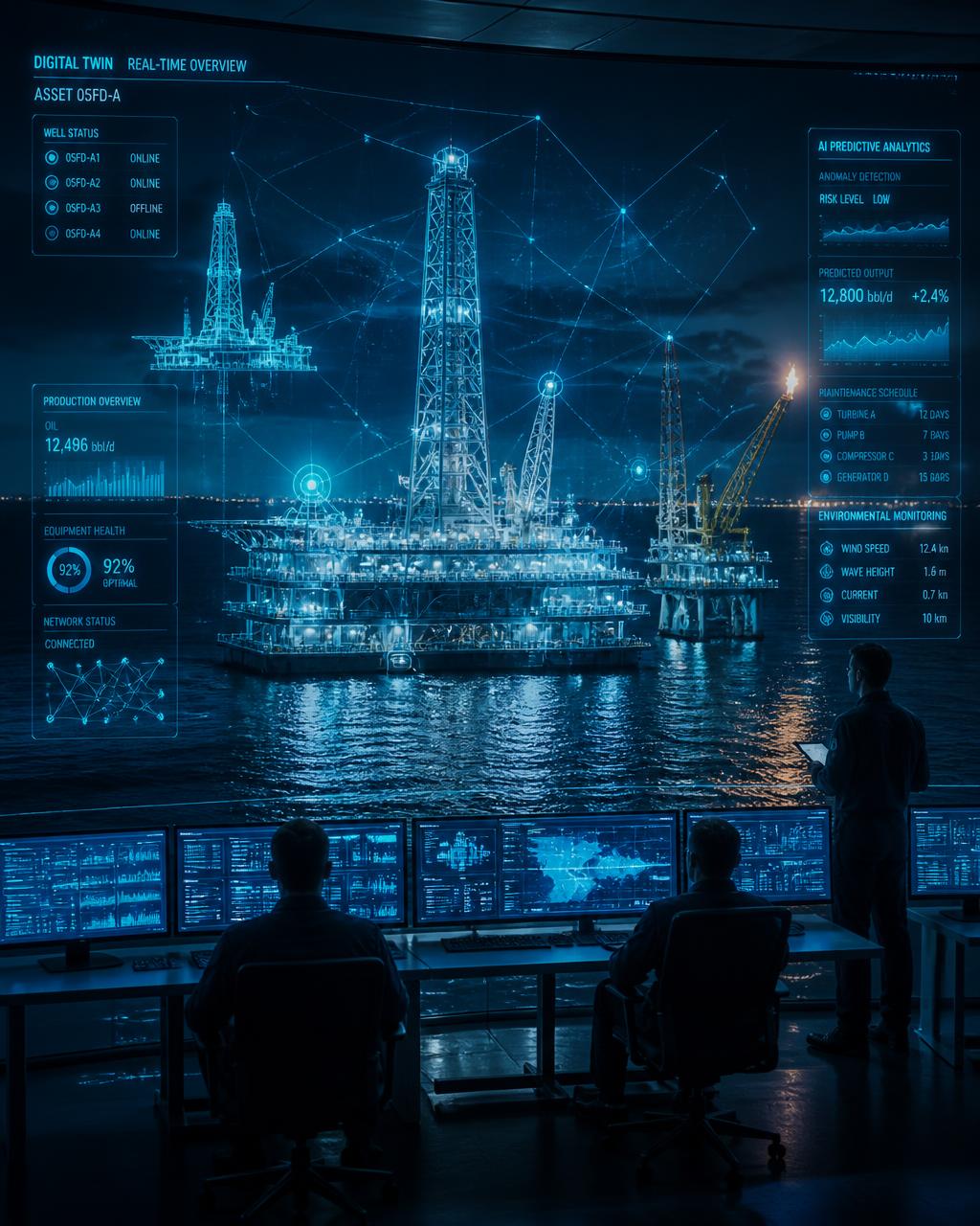 Digital twin control room monitoring offshore rigs with real-time AI analytics overlays