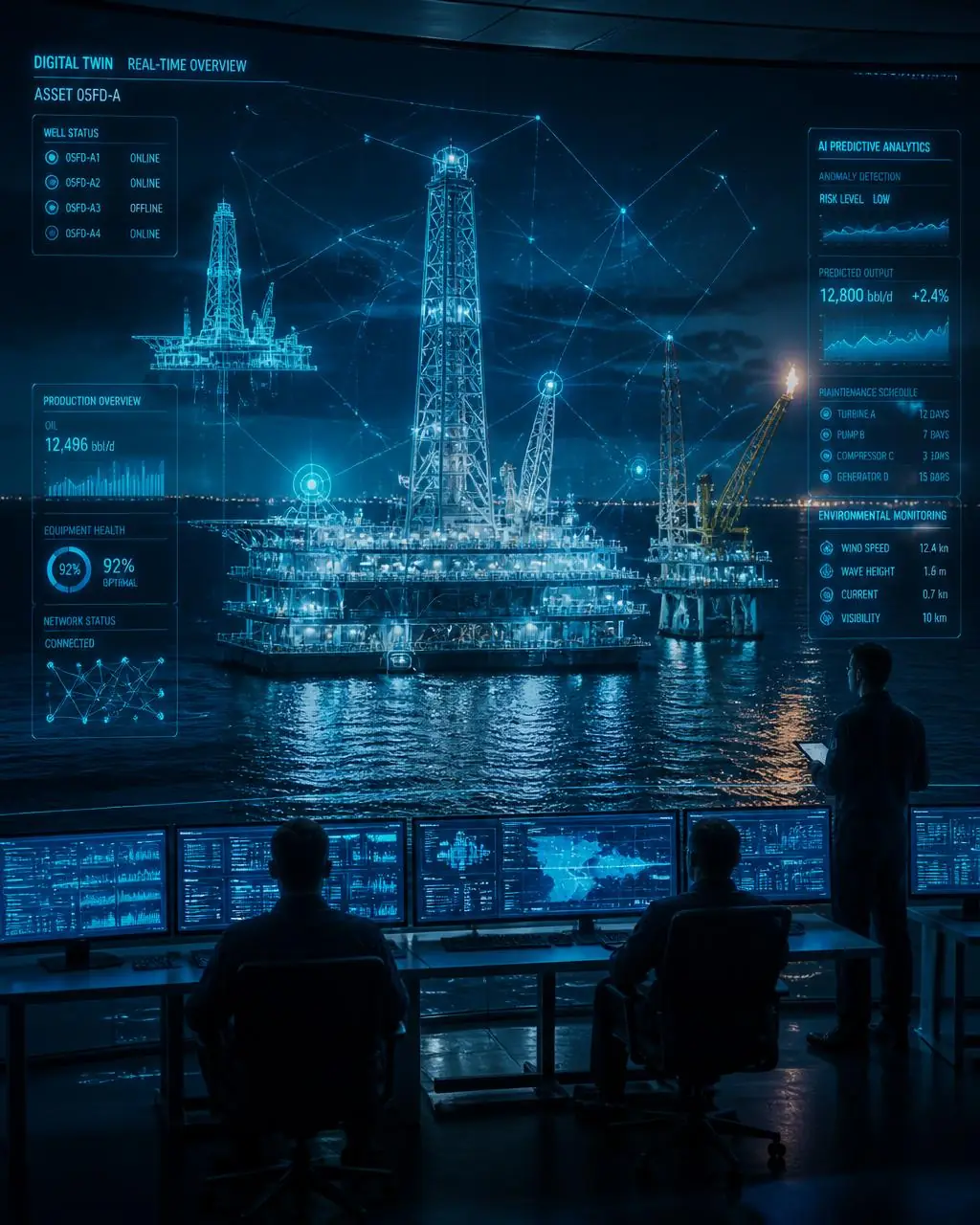 Digital twin control room monitoring offshore rigs with real-time AI analytics overlays