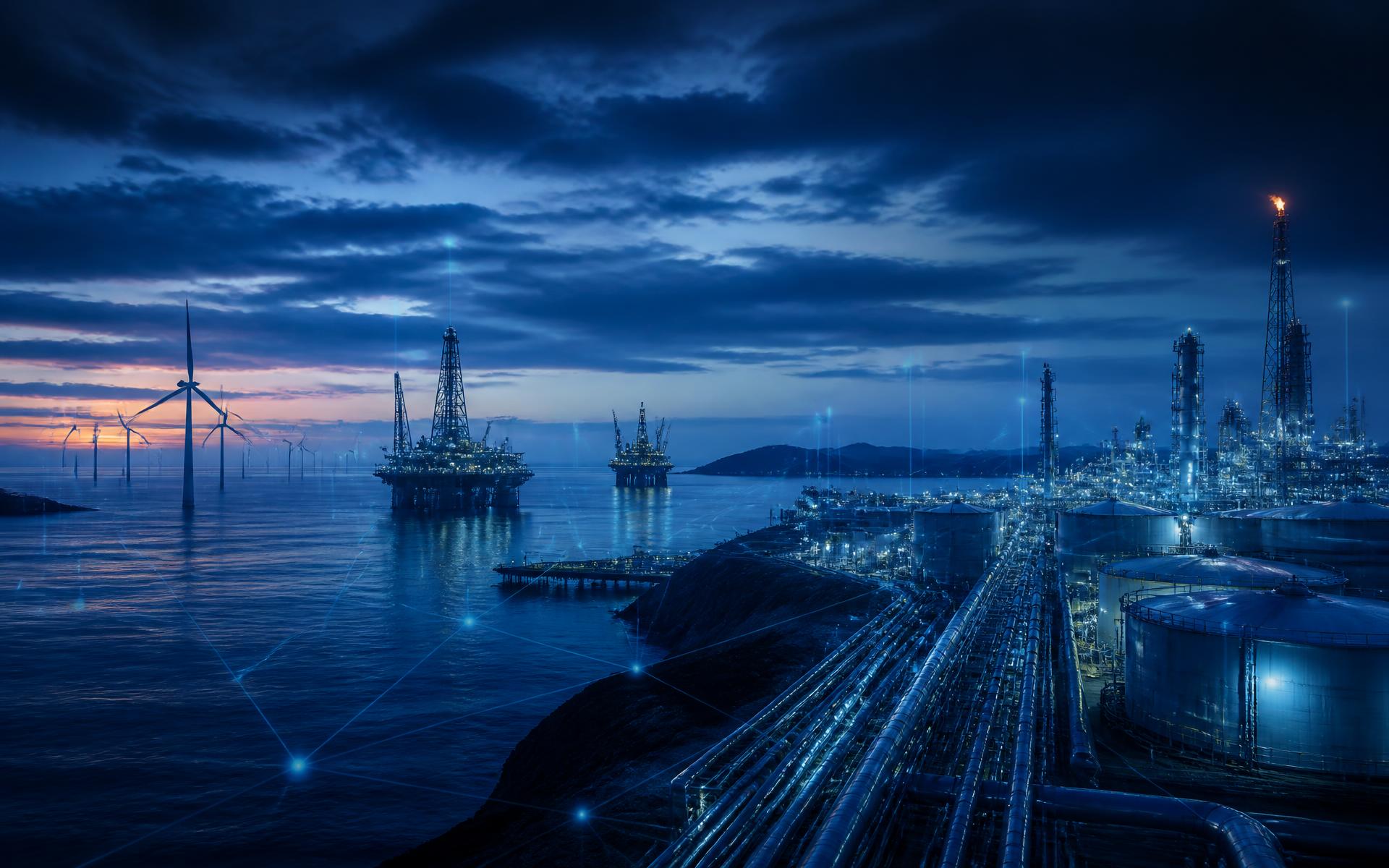 Offshore rigs and an onshore energy processing facility at blue hour connected by data links